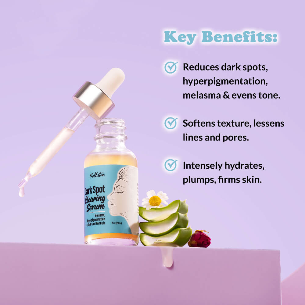Kallistia Dark Spot Clearing Serum with dropper on a purple background