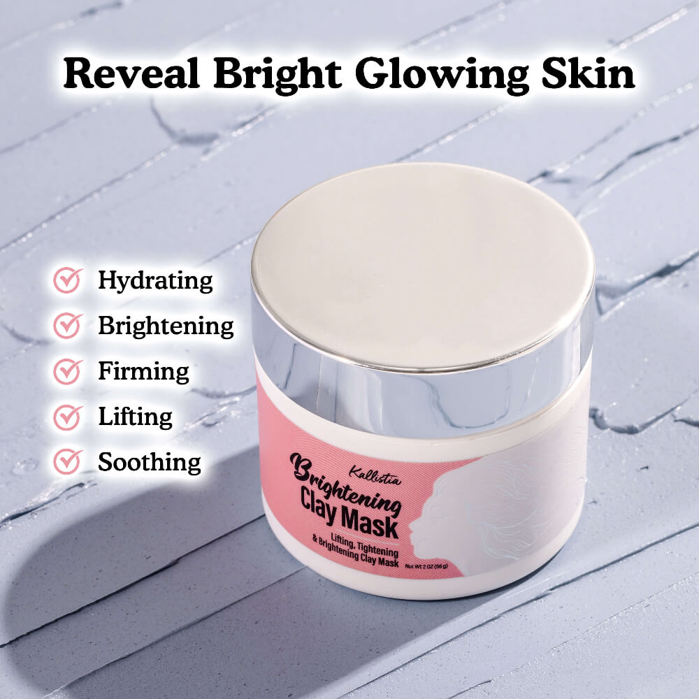 Jar of Kallistia Brightening Clay Mask on a light gray background with text highlighting benefits.