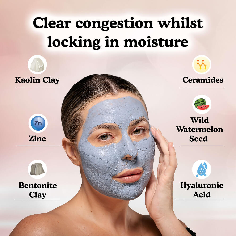 Woman applying a blue facial mask with ingredients listed on a pink background