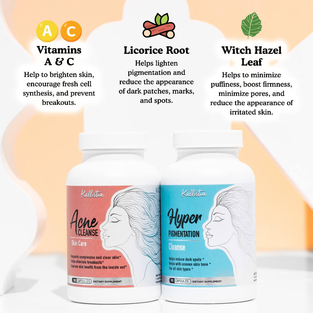 Two supplement bottles labeled 'Acne Cleanse' and 'Hyper Pigmentation' with ingredients listed above them on a light background.