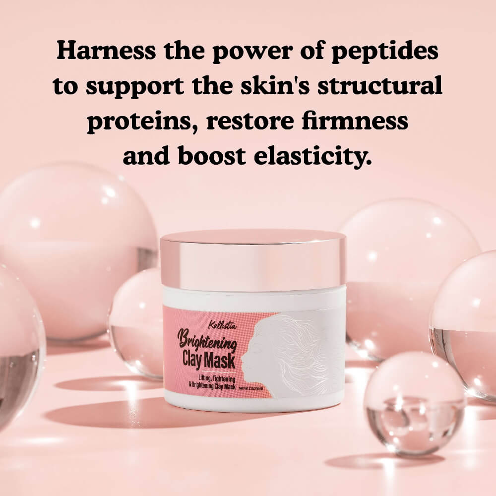 Kallistia Brightening Clay Mask jar with text on a pink background