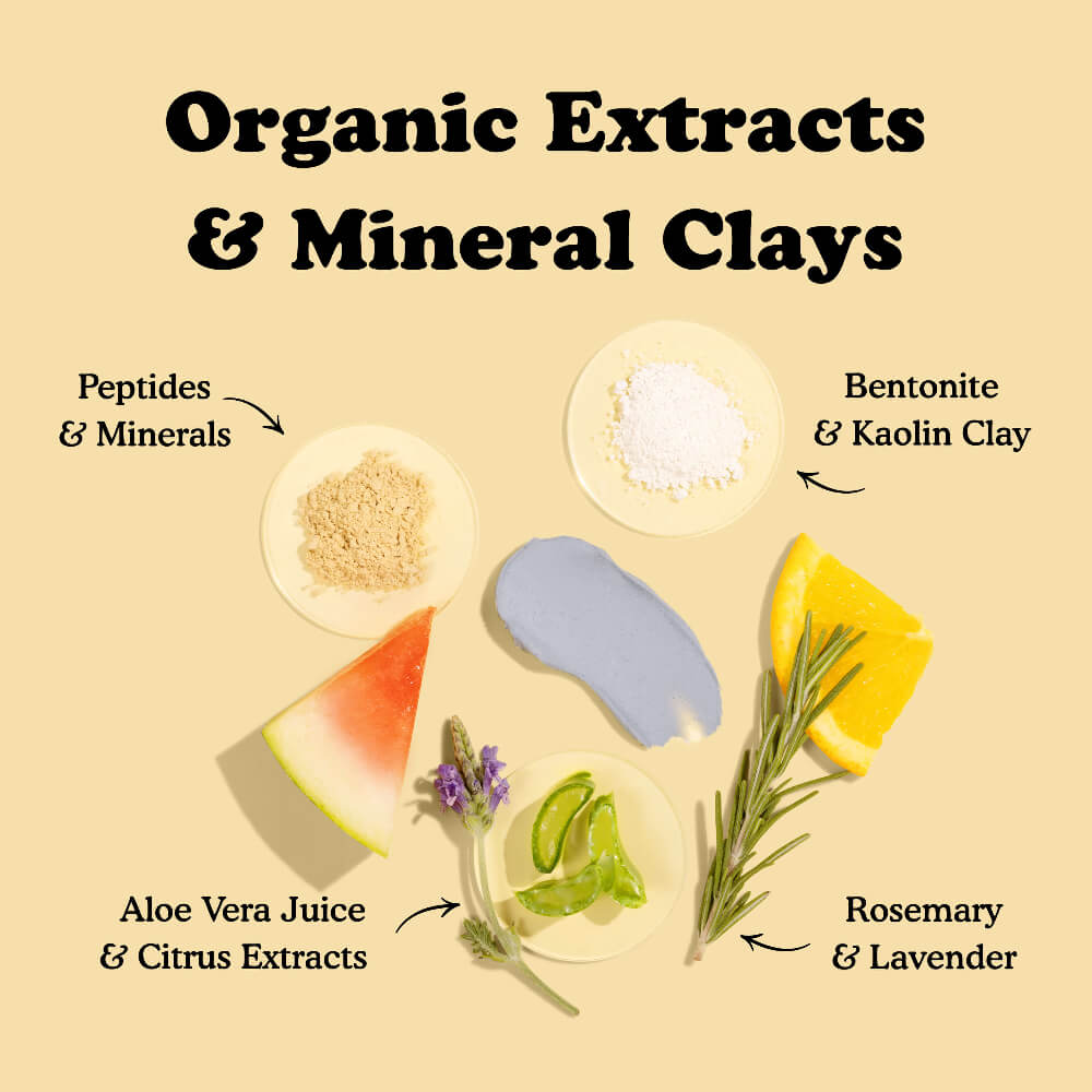 Illustration of organic extracts and mineral clays with labels on a beige background