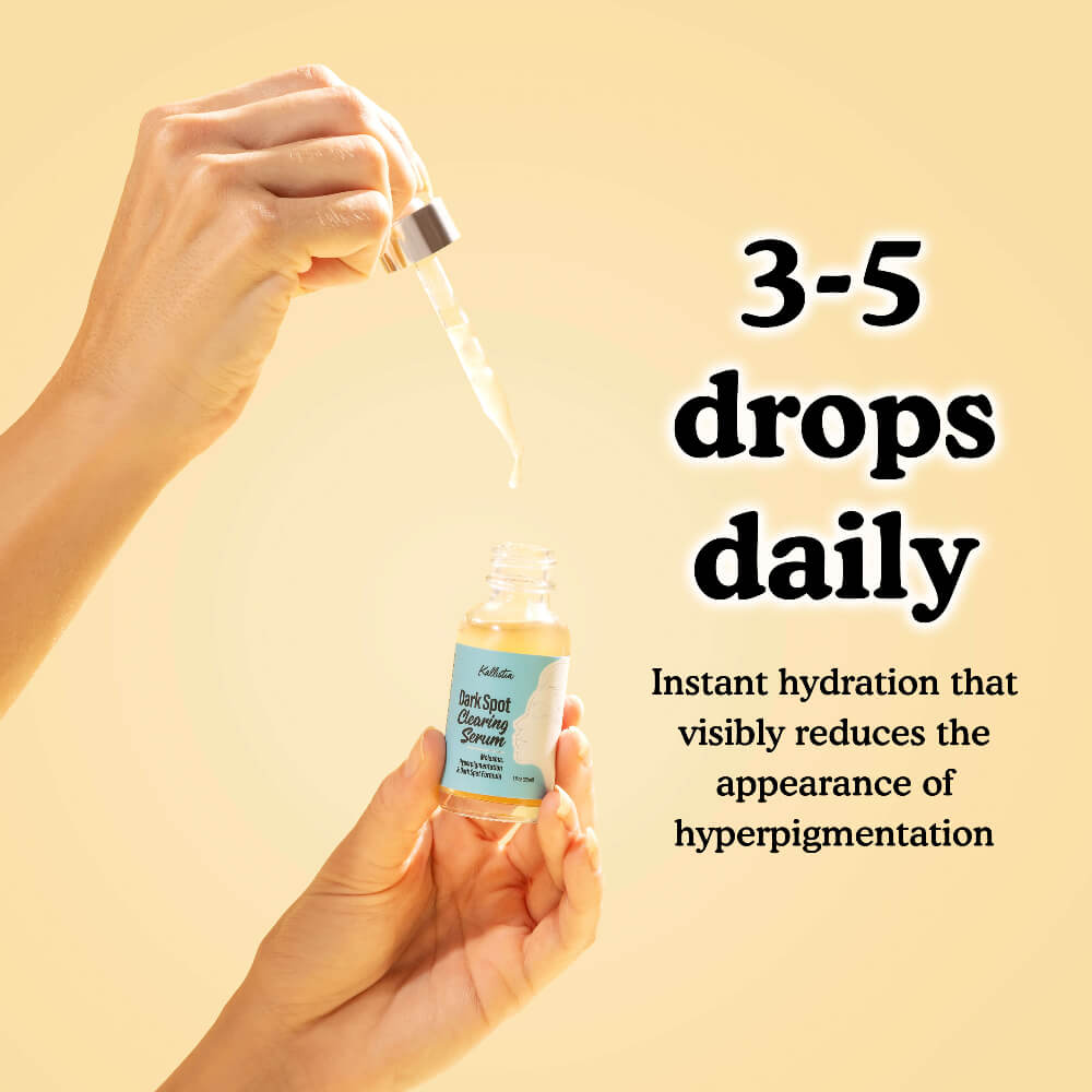 Hand holding a dropper with a serum bottle, text about daily drops for instant hydration.