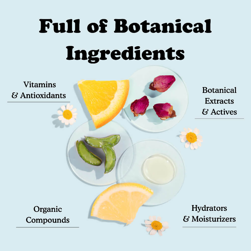 Illustration of botanical ingredients with text on a light blue background