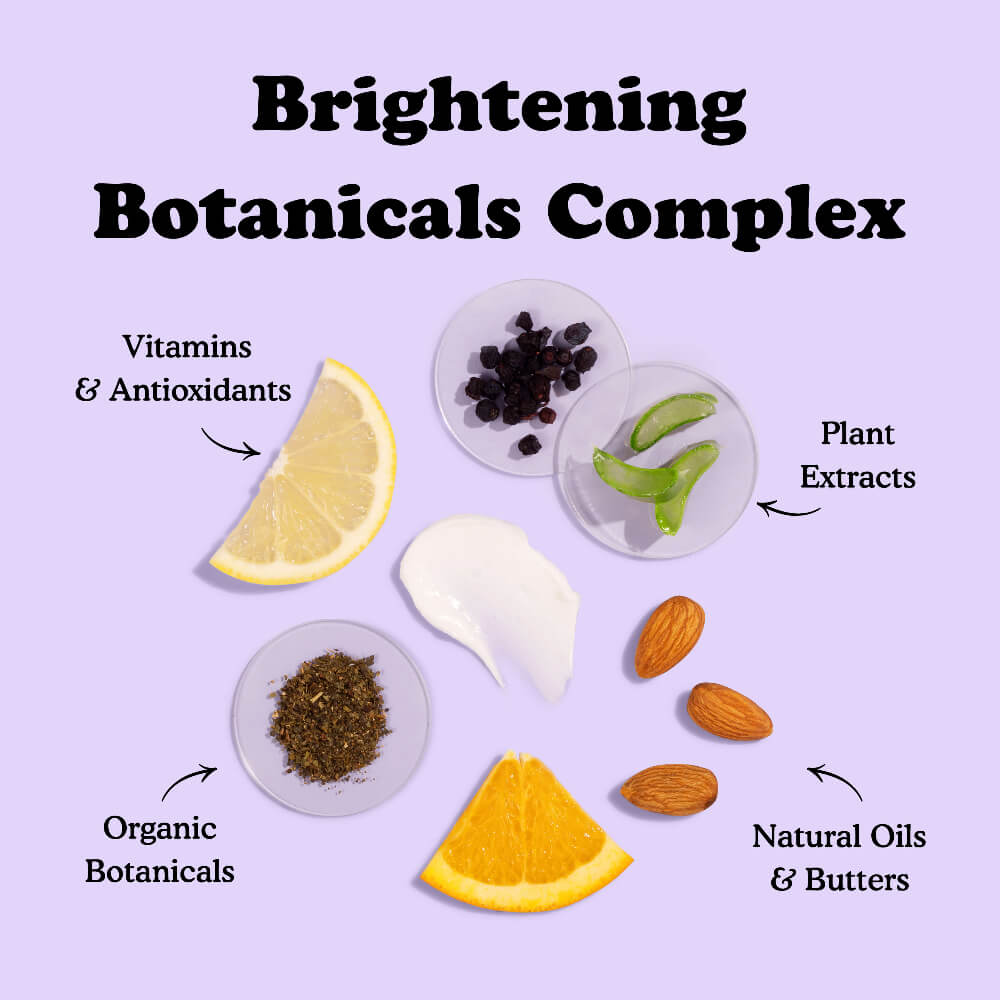 Illustration of a 'Brightening Botanicals Complex' with lemon, berries, green leaves, coconut, spices, almonds, and orange on a purple background.