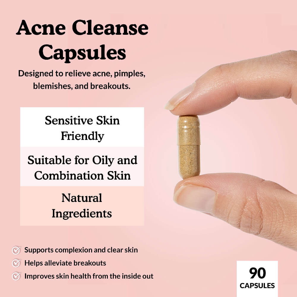 Acne Cleanse Capsules with a hand holding a capsule against a pink background