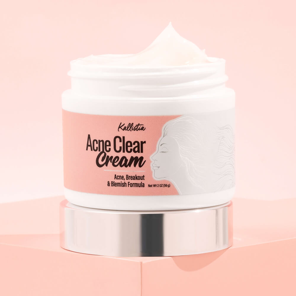 Jar of Kallista Acne Clear Cream on a pink background