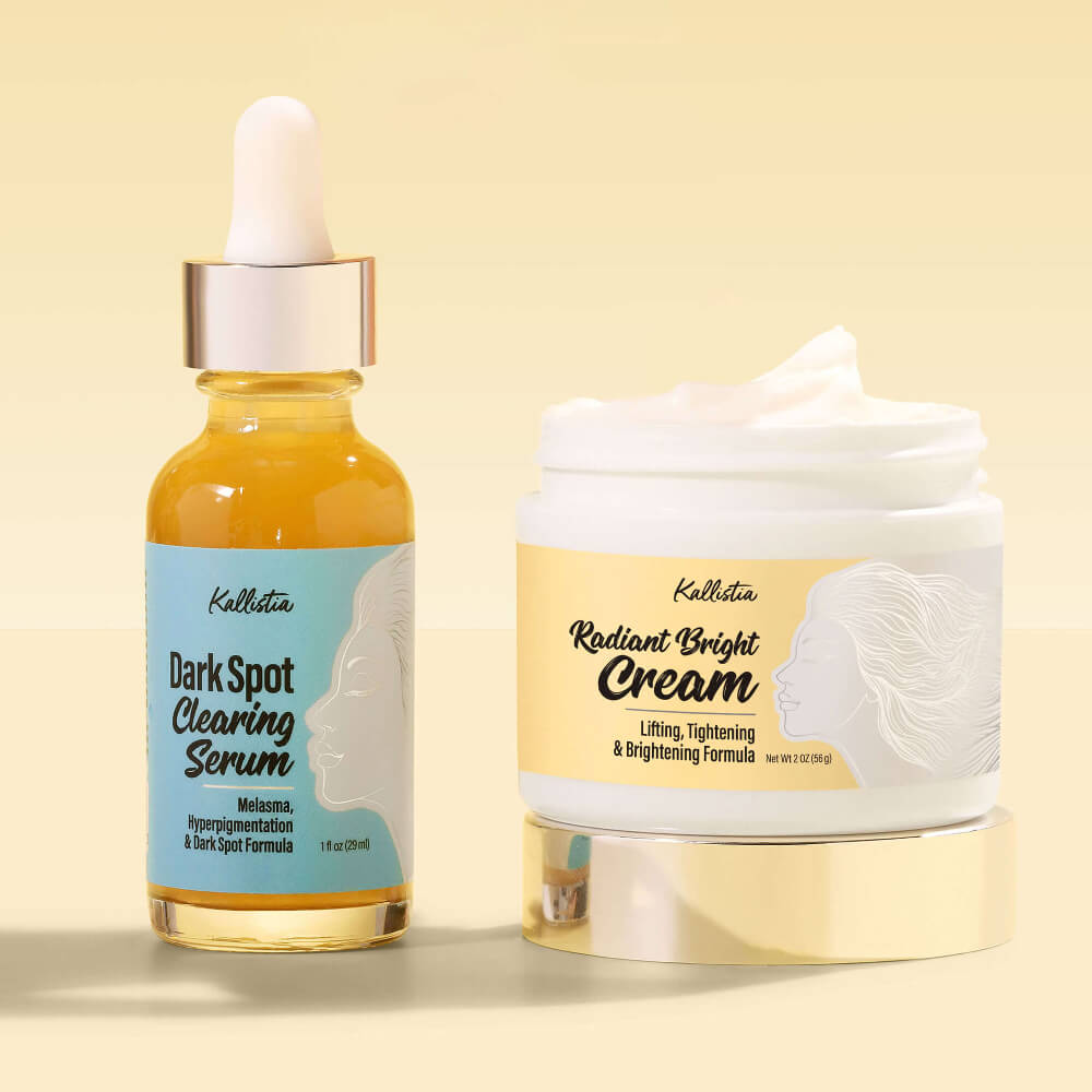 Kallistia Dark Spot Clearing Serum and Radiant Bright Cream on a light yellow background