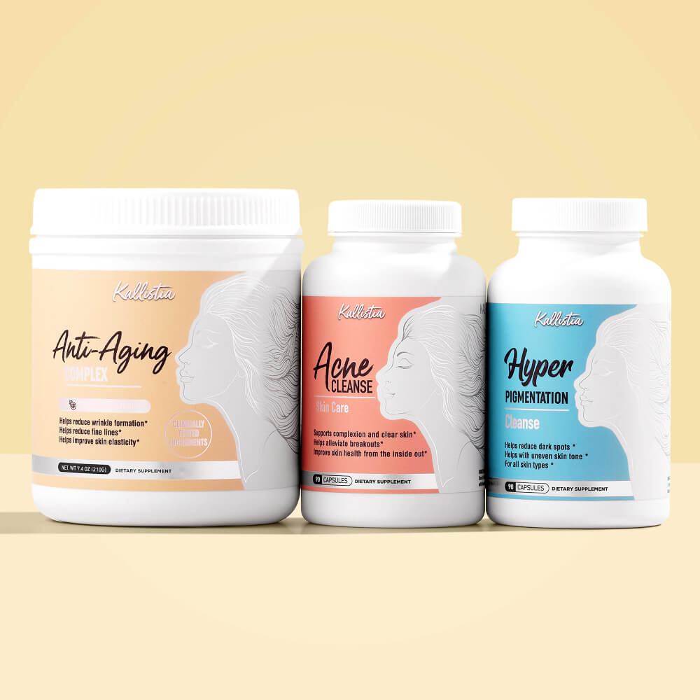 Three supplement bottles labeled 'Anti-Aging', 'Acne Cleanse', and 'Hyper Pigmentation' on a beige background.