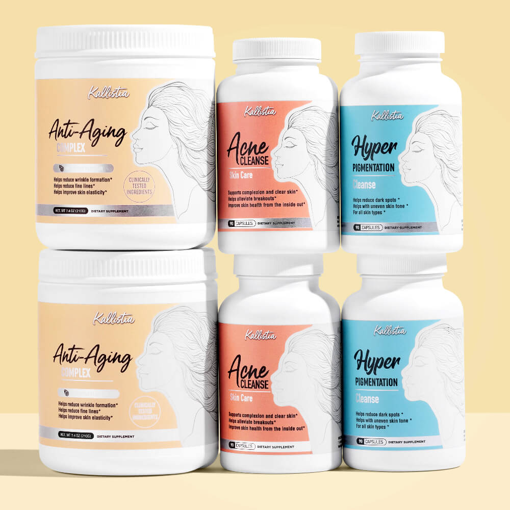 Set of Kallistia skincare product bottles on a beige background