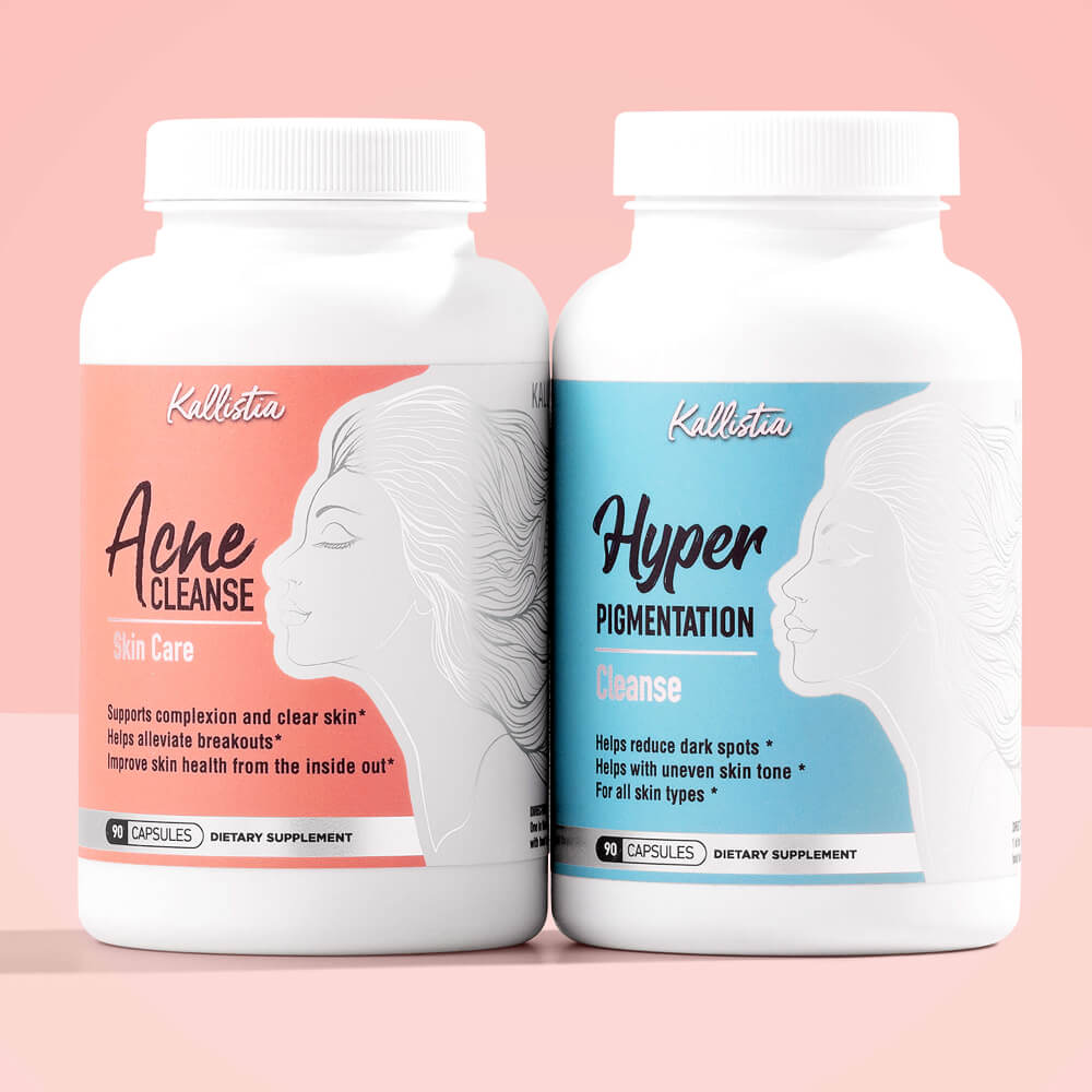 Two dietary supplement bottles labeled 'Acne Cleanse' and 'Hyper Pigmentation' on a pink background.