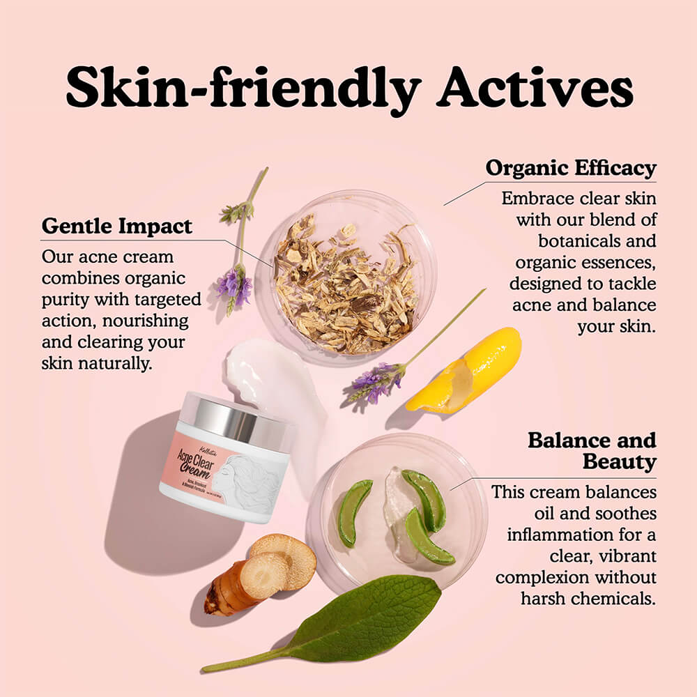Promotional graphic for a skin care product with text about organic efficacy, gentle impact, and balance and beauty on a pink background.