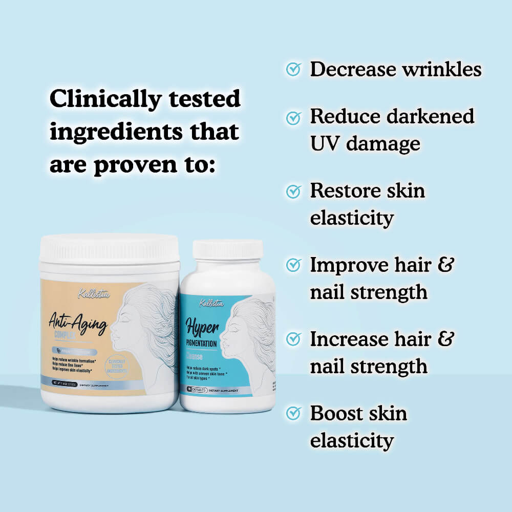 Two supplement bottles with a list of clinical benefits on a light blue background