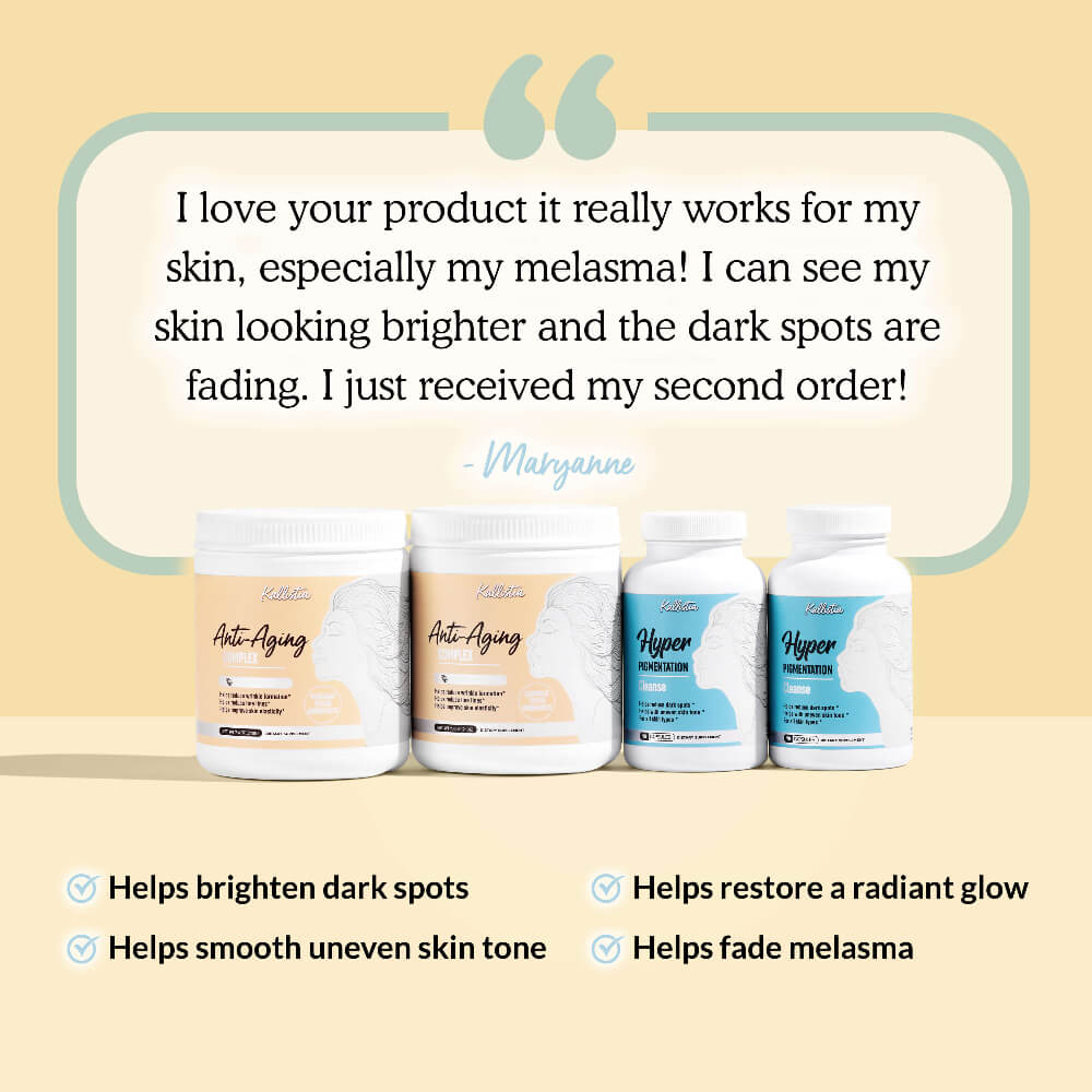 Product packaging with customer testimonial on a beige background