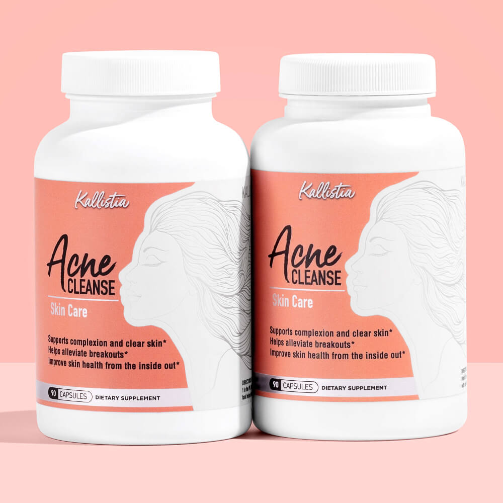 Two bottles of Kallista Acne Cleanse Skin Care on a pink background