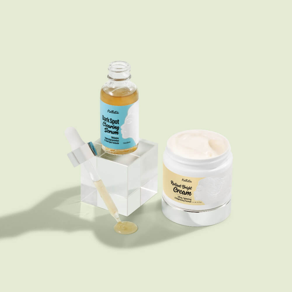 Kallistia's skincare products including a serum, cream, and cleanser on a light green background