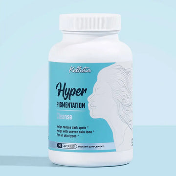 Supplement bottle labeled 'Hyper Pigmentation Cleanse' by Kallistia on a light blue background