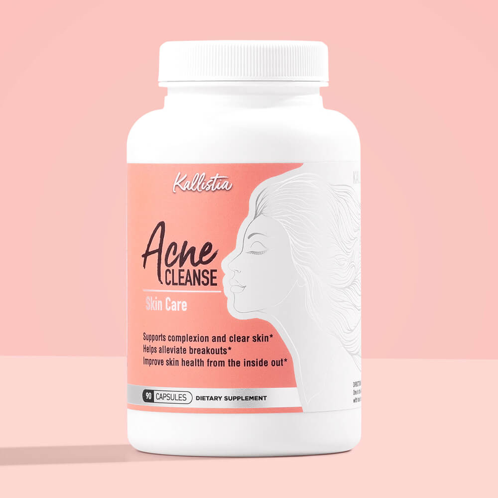 Supplement bottle labeled 'Acne Cleanse' with a pink background