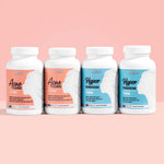 Four supplement bottles labeled 'Acne Cleanse' and 'Hyper Pigmentation' on a pink background.