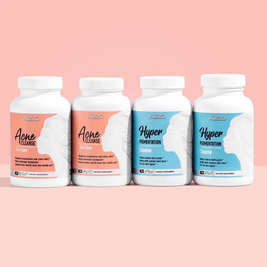 Four supplement bottles labeled 'Acne Cleanse' and 'Hyper Pigmentation' on a pink background.