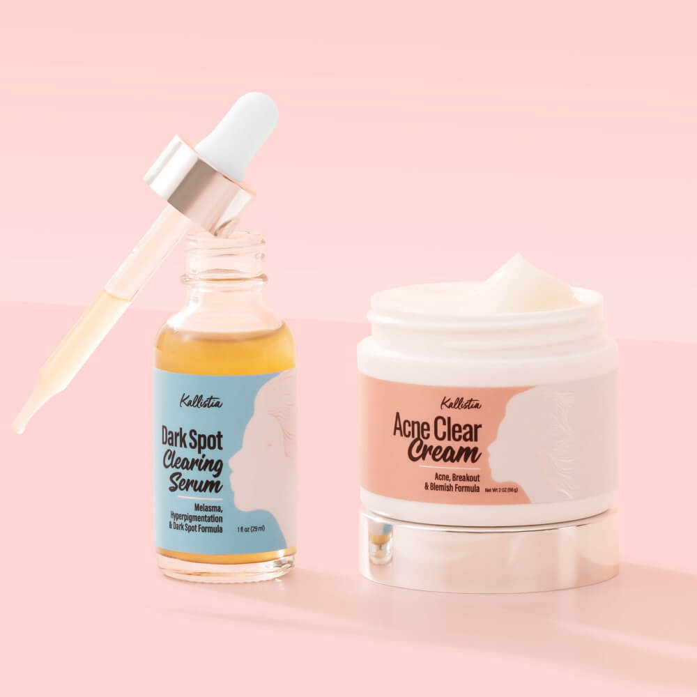 Kallistia Dark Spot Clearing Serum and Acne Clear Cream on a pink background