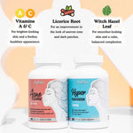 Two dietary supplement bottles with labels for Acne Cleanse and Hyper Pigmentation, featuring ingredients like Vitamins A & C, Licorice Root, and Witch Hazel Leaf.