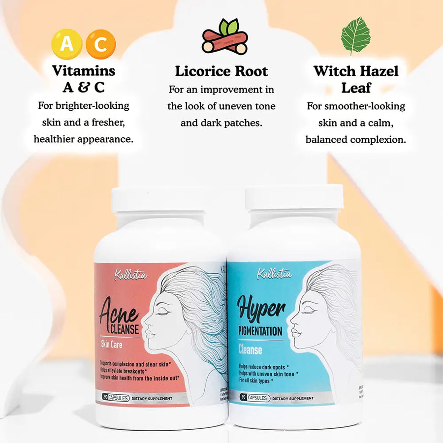 Two dietary supplement bottles with labels for Acne Cleanse and Hyper Pigmentation, featuring ingredients like Vitamins A & C, Licorice Root, and Witch Hazel Leaf.