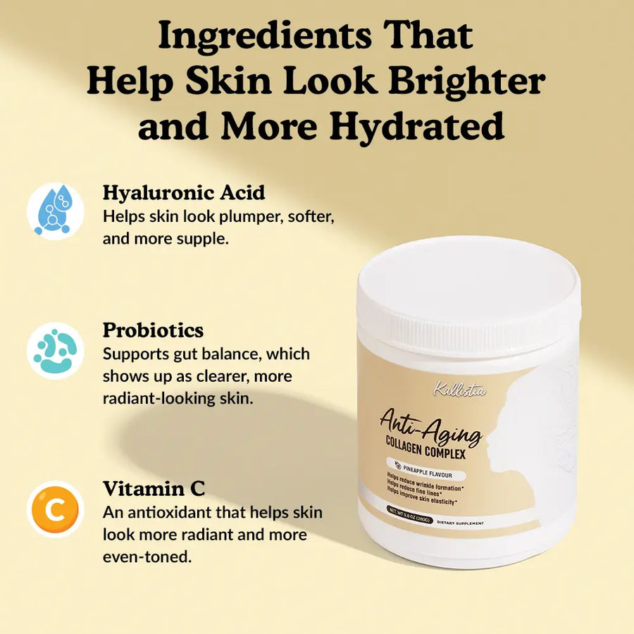 Anti-Aging Collagen Complex key ingredients: hyaluronic acid, probiotics, and vitamin C for brighter, more hydrated-looking skin