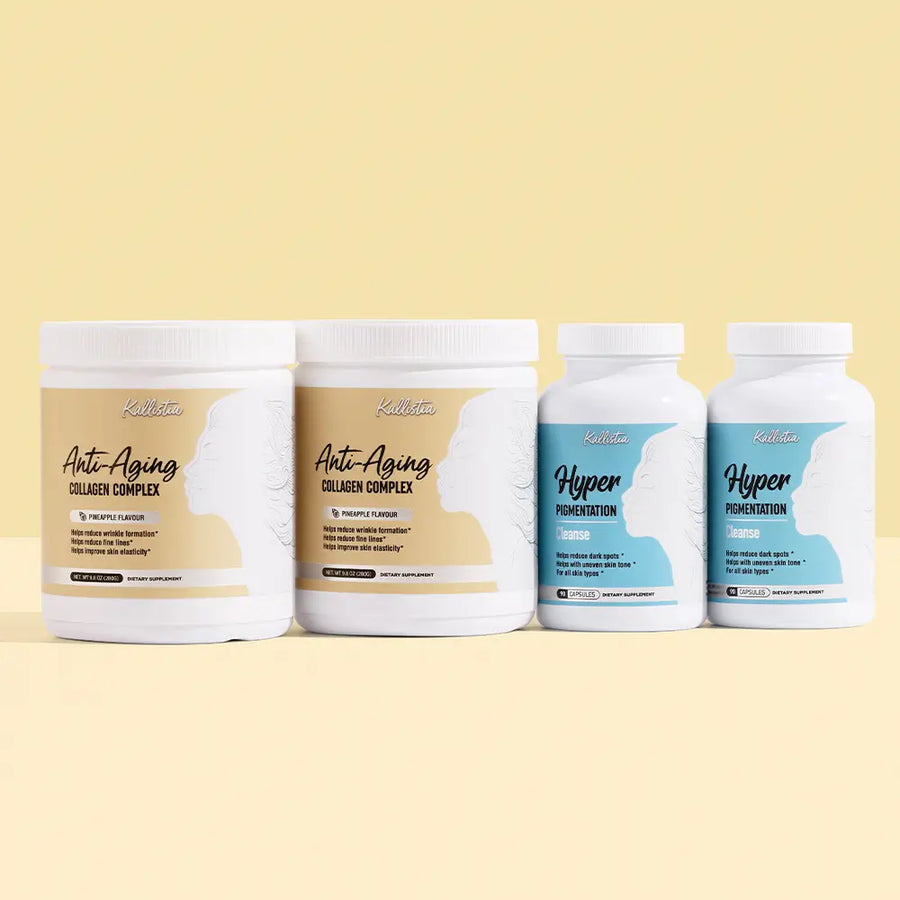 Kallistia Hyper Renew Kit three-month supply: two Anti-Aging Collagen Complex jars and two Hyperpigmentation Cleanse bottles