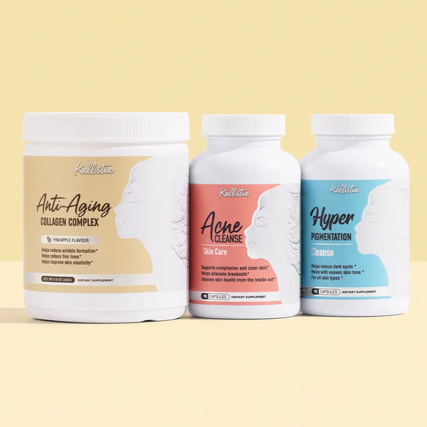 Kallistia Perfect Skin Kit: Anti-Aging Collagen Complex, Acne Cleanse, and Hyperpigmentation Cleanse bottles