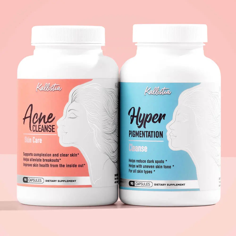 Two dietary supplement bottles labeled 'Acne Cleanse' and 'Hyper Pigmentation' on a pink background.